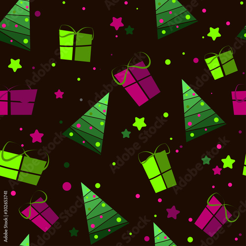  Seamless pattern: Christmas wrapping of Christmas trees and gifts on a brown background. flat vector illustration