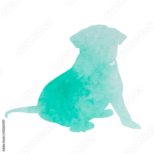 vector, on a white background, green watercolor silhouette of a dog sitting