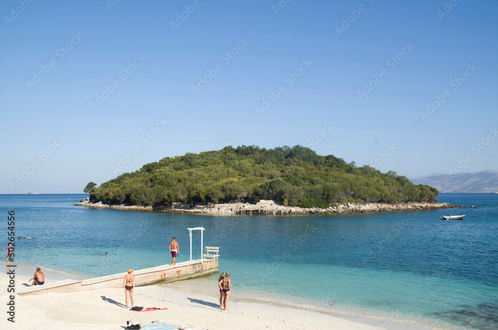 Beach on village Ksamil and Islands of Ksamil part of Albanian Riviera Beach on village Ksamil and Islands of Ksamil part of Albanian Riviera