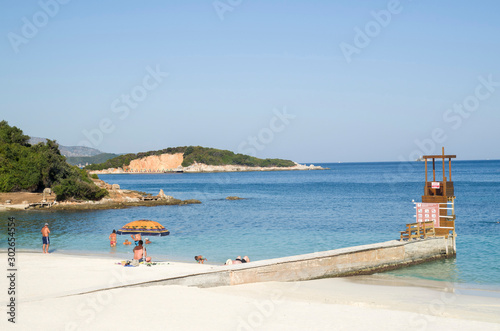Beach on village Ksamil and Islands of Ksamil part of Albanian Riviera