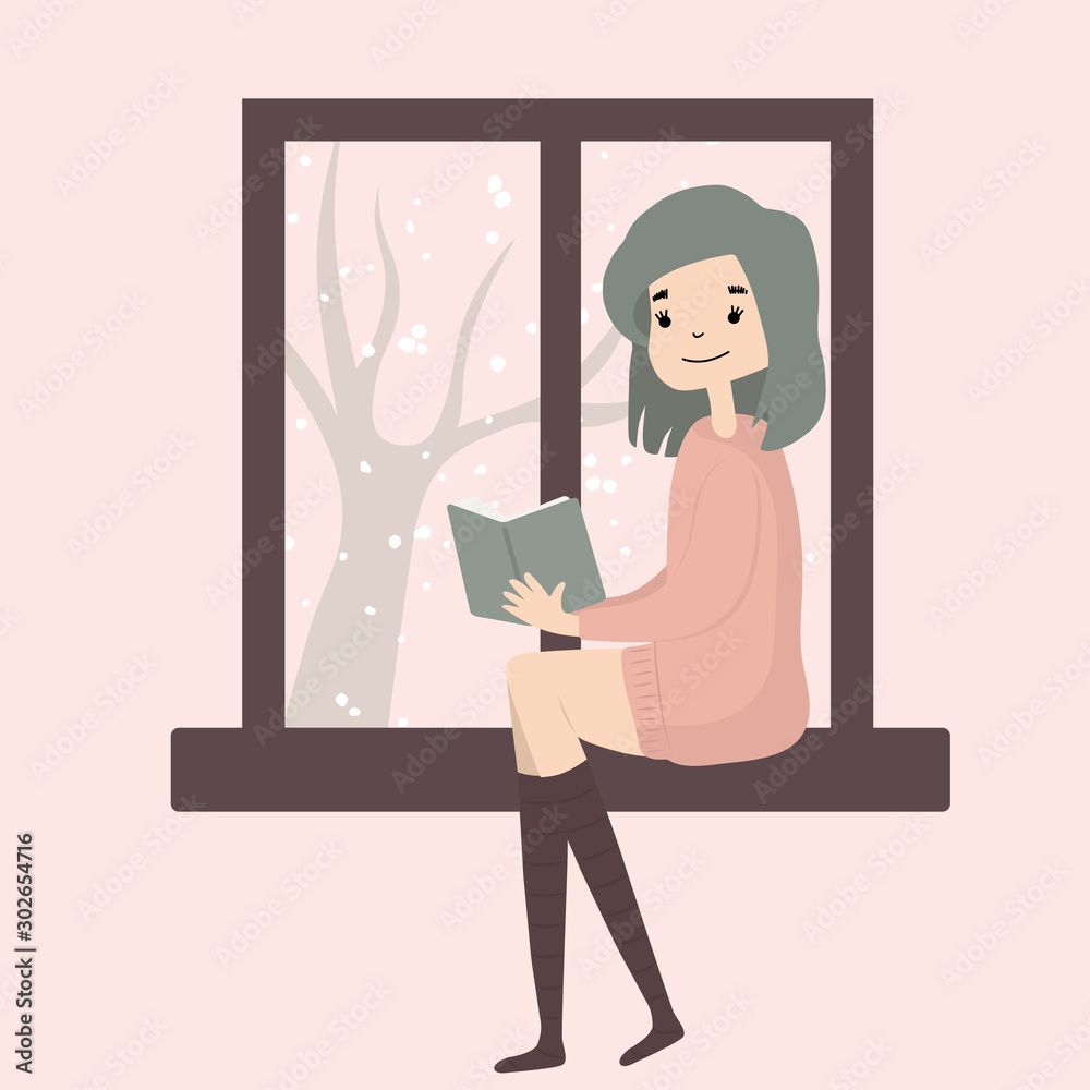Cute girl sitting by the window with snow falling and read book. Cozy winter mood. Illustration in cartoon flat style.