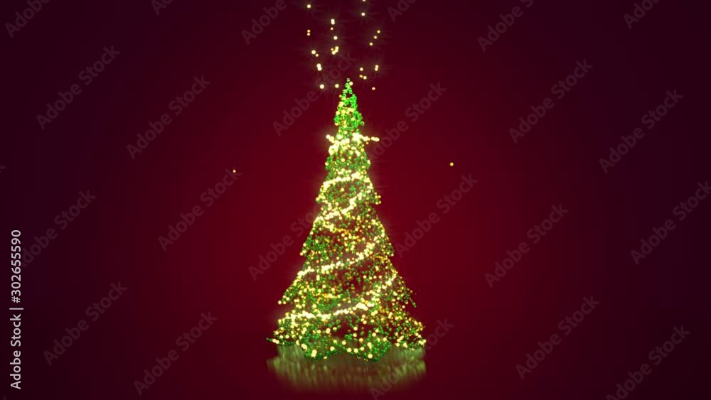 Rotating Christmas tree from glow shiny particles and baubles on red background. Christmas or New Year background with copy space. 