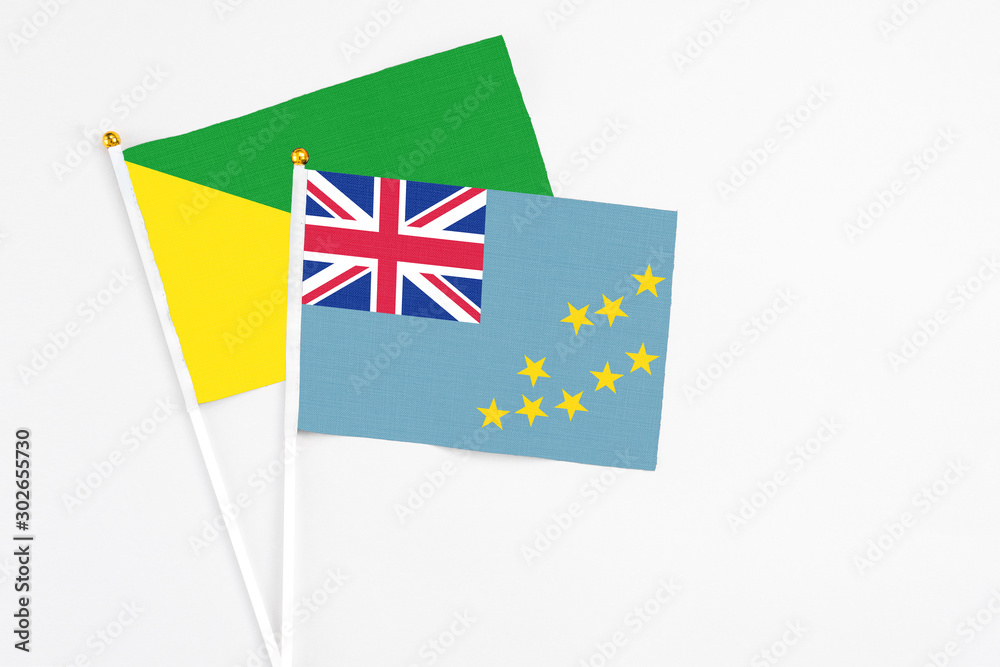 Tuvalu and French Guiana stick flags on white background. High quality fabric, miniature national flag. Peaceful global concept.White floor for copy space. Tuvalu and French Guiana stick flags on white background. High quality fabric, miniature national flag. Peaceful global concept.White floor for copy space.