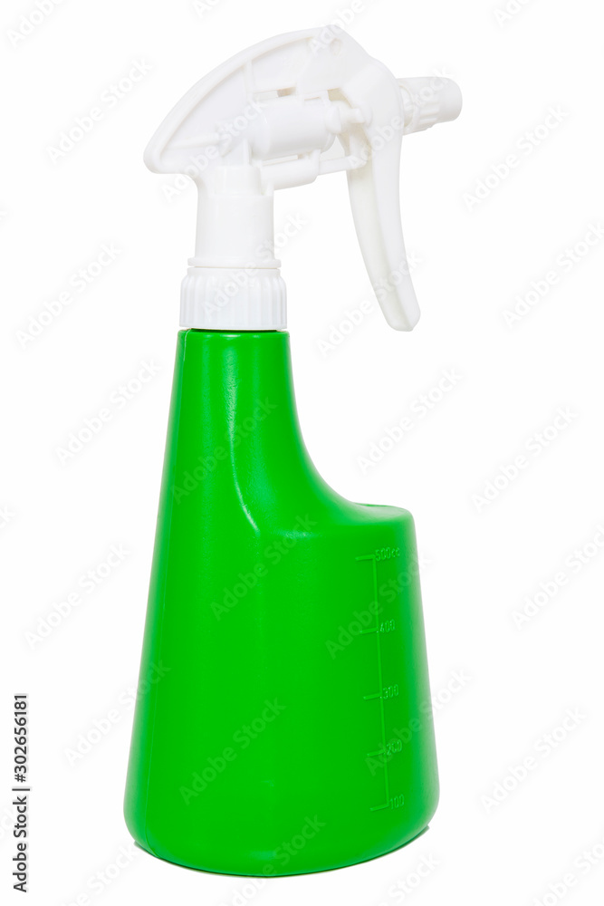 Green water foggy spray on white background. Green spray bottle. Green water foggy spray on white background. Green spray bottle.