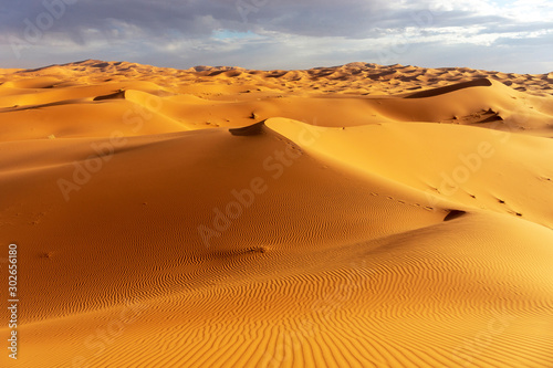 Global warming concept. Lonely sand dunes under dramatic evening sunset sky at drought desert landscape