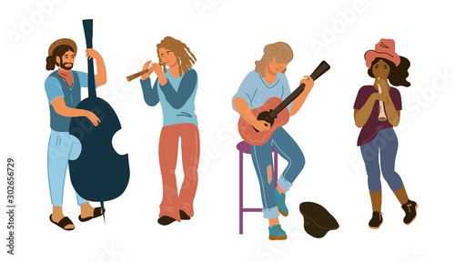 Musical performance in city streets with musicians cartoon characters playing different musical instruments, flat vector illustration isolated on white background. Urban roaming artists or performers,