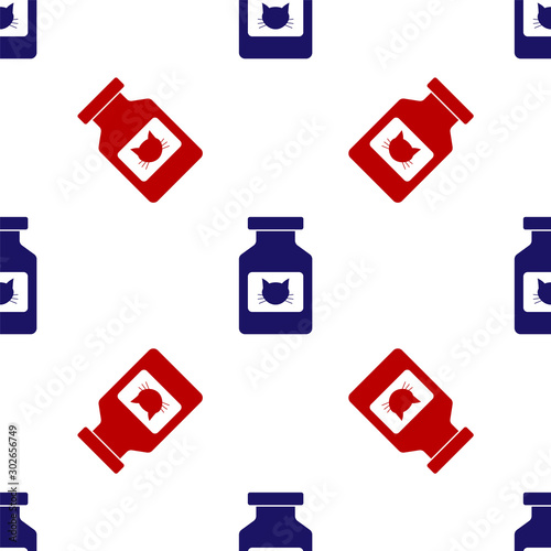 Blue and red Cat medicine bottle icon isolated seamless pattern on white background. Container with pills. Prescription medicine for animal. Vector Illustration