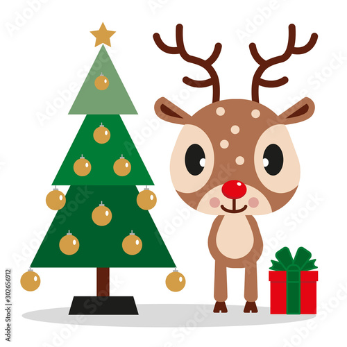 Rentier mit geschmückten Weihnachtsbaum und Geschenk