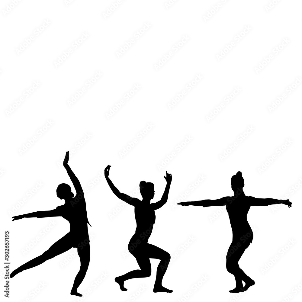 vector, on a white background, black silhouette of a girl dancing, set