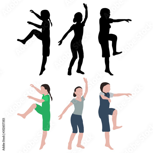 white background, dancing girls, flat style with a silhouette