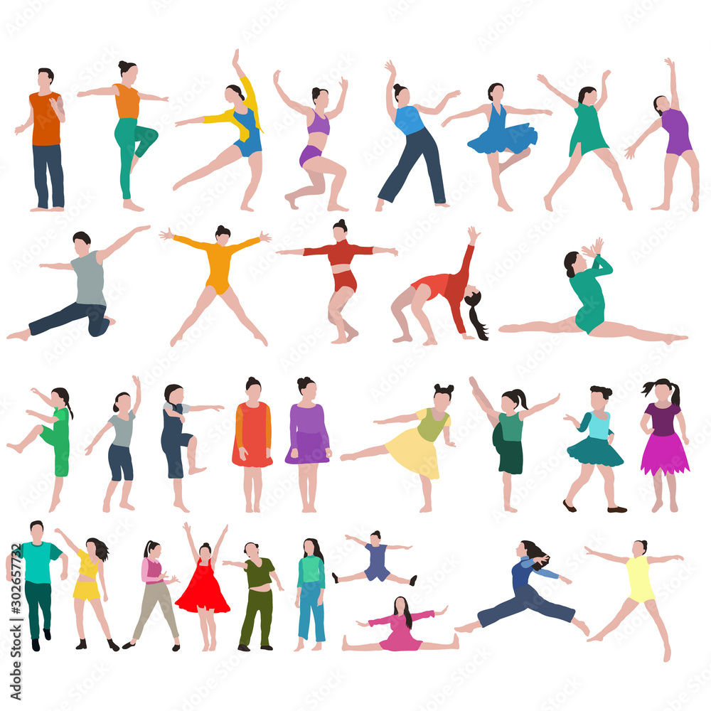 white background, dancing girls, flat style, set, collection white background, dancing girls, flat style, set, collection