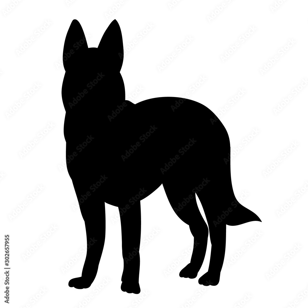 vector, on a white background, black silhouette of a dog standing