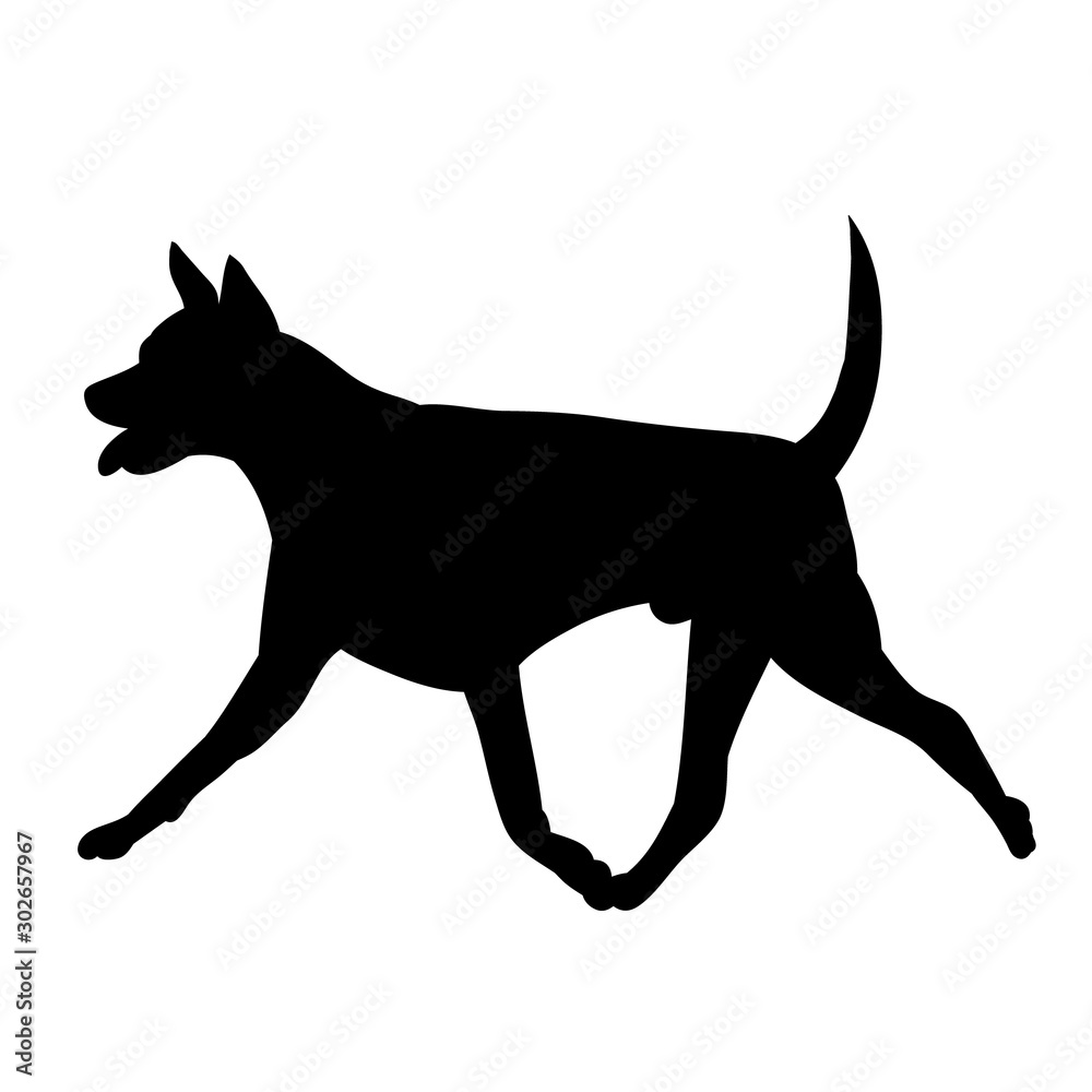  white background, black silhouette of a dog running