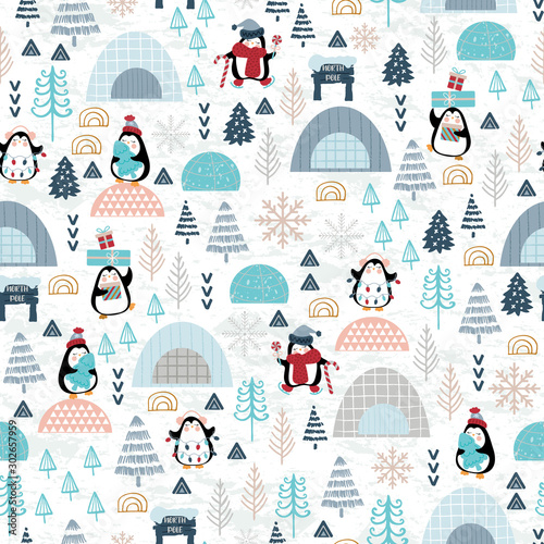 Christmas seamless pattern with cute penguins celebrating christmas in north pole village. Surface design for textile, fabric, wallpaper, wrapping, giftwrap, paper, scrapbook and packaging.