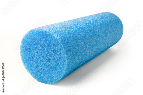 Blue foam roller on a white background.