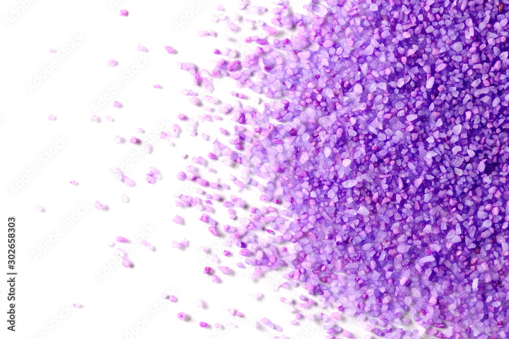 Fototapeta premium Decorative purple sand pile, isolated on white background, top view
