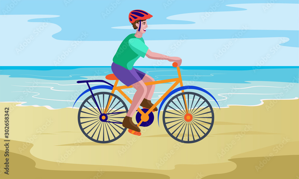 Fototapeta premium boy cycling at seashore