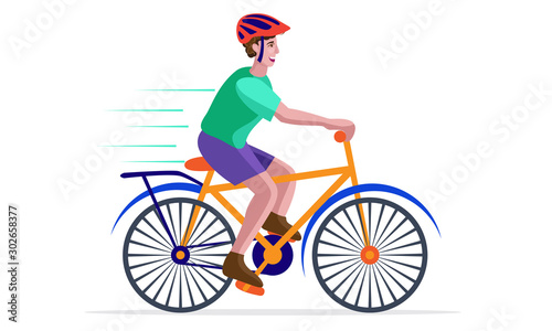 boy cycling happily isolated