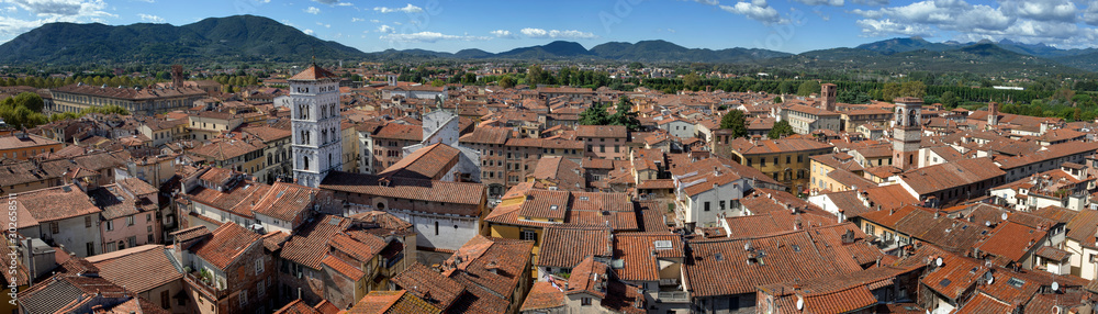 Panorama Lucca Tuscany Italy. View from the Torre delle Ore, Clocktower . Panoramic view