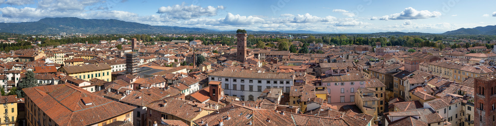 Panorama. Lucca Tuscany Italy. View from the Lucca Tuscany Italy. Torre delle Ore, Clocktower. Guinigi Tower. Panoramic view
