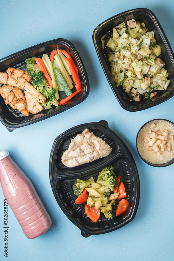 Diet meals for vegans. Set of food for delivery on a bright background. Diet meals for vegans. Set of food for delivery on a bright background.