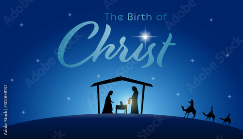 Christmas time. Manger with baby Jesus, Mary, Joseph and star of Bethlehem. Text : The Birth of Christ