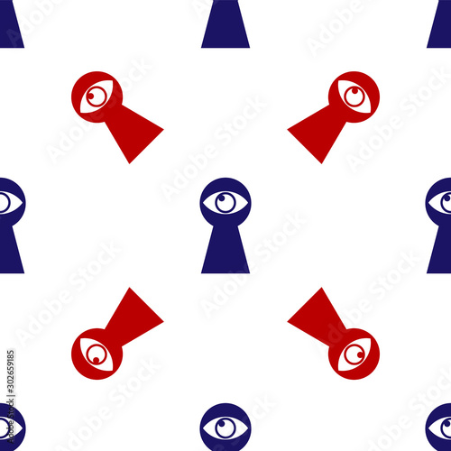 Blue and red Keyhole with eye icon isolated seamless pattern on white background. The eye looks into the keyhole. Keyhole eye hole. Vector Illustration