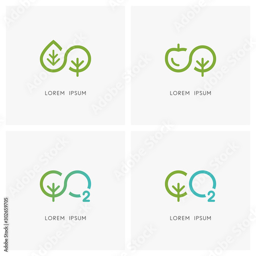 Infinity nature logo set. Green tree or plant with leaf, apple and oxygen symbol - new life and gardening, ecology and environment, carbon dioxide and photosynthesis icons.