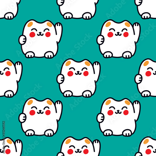 maneki neko seamless doodle pattern, vector illustration