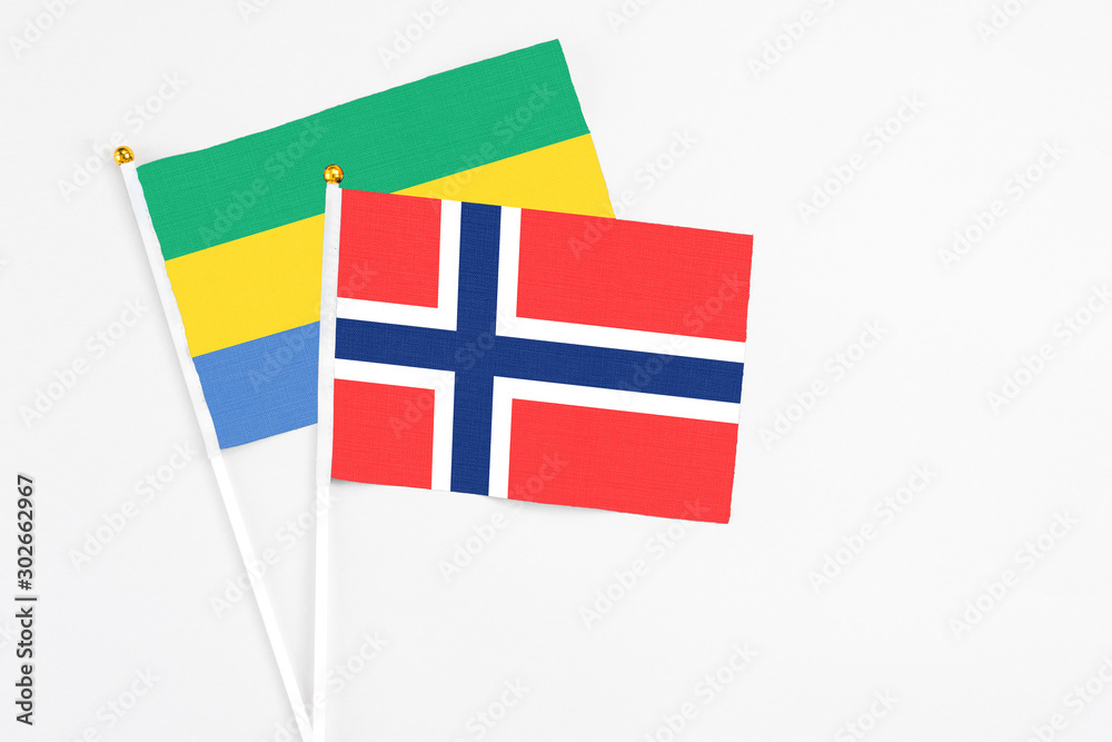Bouvet Islands and Gabon stick flags on white background. High quality fabric, miniature national flag. Peaceful global concept.White floor for copy space.