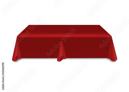 Red tablecloth on the table empty mockup. Isolated vector illustration on a light background.