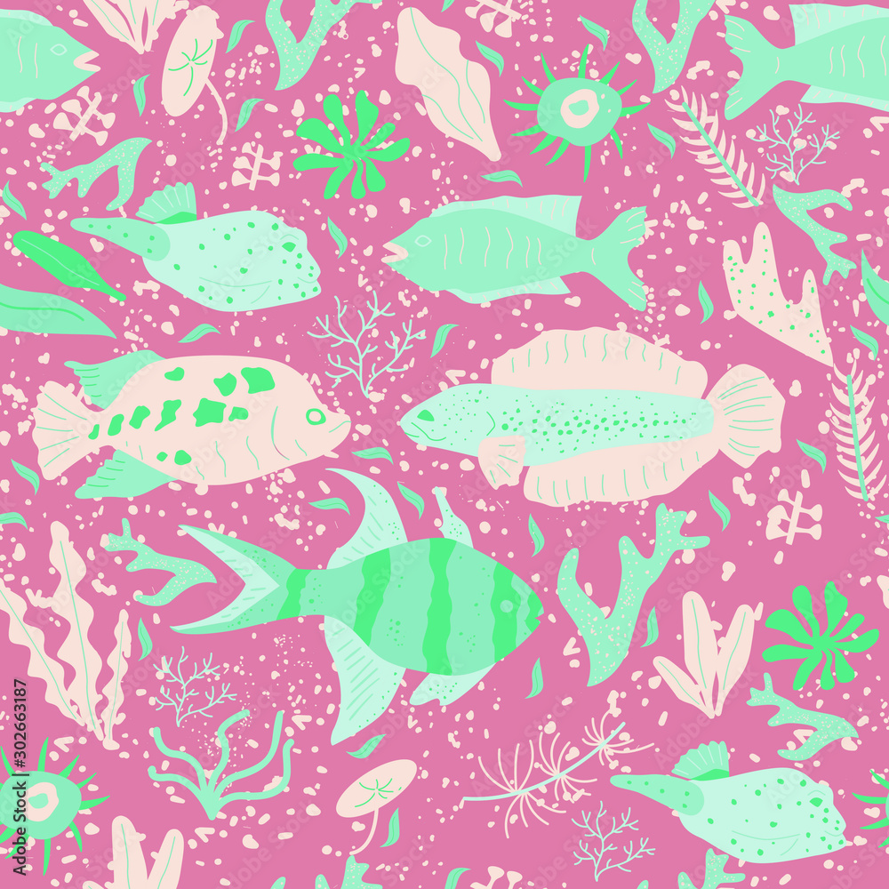 Obraz premium Vector fish seamless pattern on red background. Underwater world in flat style. Sea texture. Abstact illustration