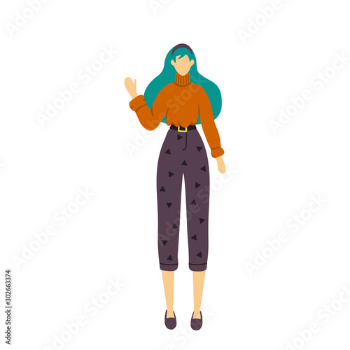 flat fashion girl in sweater and pants  with long hair, stay front position, walking. Vector isolated illustration in flat design.