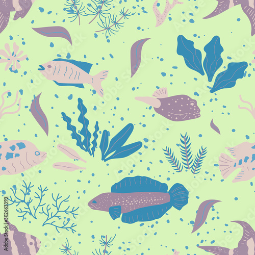 Wildlife kids seamless pattern with various fishes and seaweeds in blue and pink colors in flat style. Endless texture with hand drawn undersea world. Sea background. Aquarium. Vector illustration