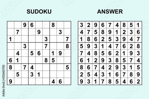 Vector sudoku with answer 297. Puzzle game with numbers.