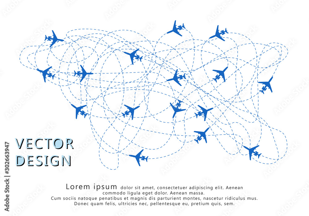 Aircraft silhouettes dotted the route. Concept of travel, cargo transportation. Vector illustration isolated white background.