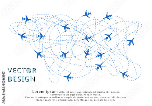 Aircraft silhouettes dotted the route. Concept of travel, cargo transportation. Vector illustration isolated white background.