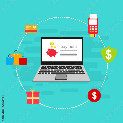 Online payment concept desktop with computer, table, shopping bags, credit cards, coupons and products