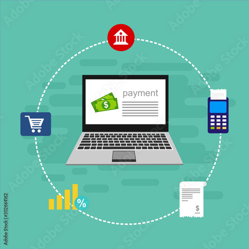 Online payment concept desktop with computer, table, shopping bags, credit cards, coupons and products