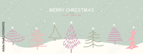 Merry Christmas and Happy New Year design with minimal style tree and snowflakes for holiday