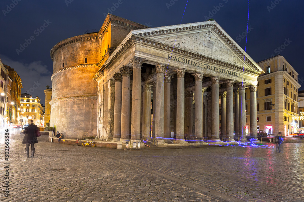 Architecture of the Pantheon temple at night in Rome, Italy
