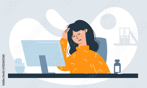 Female worker, suffering from flue symptoms like fever, headache and sore throat on her workplace due infection.