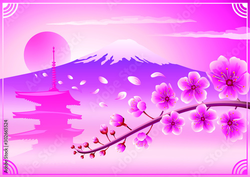 Pink vector background image, asia japan, mount and sakura. © Vladislav