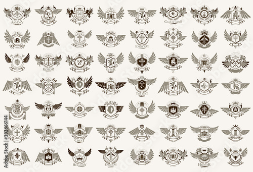 Classic style emblems big set, ancient heraldic symbols awards and labels collection, classical heraldry design elements, family or business emblems.