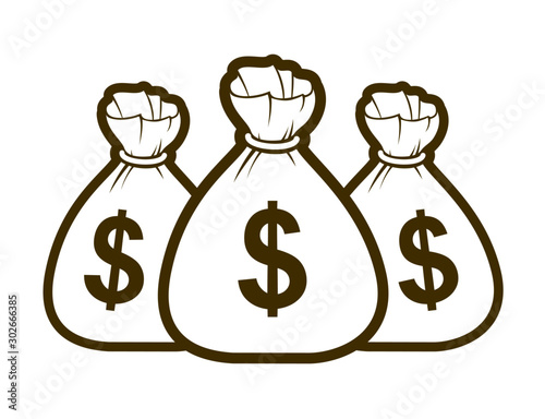 Three moneybags money bag vector simplistic illustration icon or logo, business and finance theme, income taxes revenue prize.