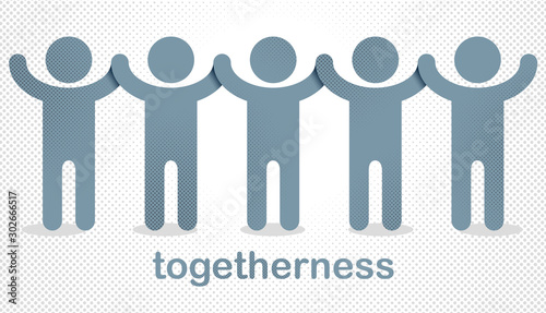Worldwide people global society concept, different races solidarity, we stand as one, togetherness and friendship allegory, world unity cooperation, vector illustration logo or icon.