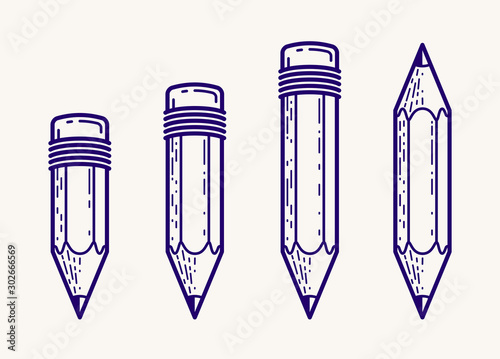 Pencils set vector simple trendy logos or icons for designer or studio, creative design, education, science knowledge and research, linear style.
