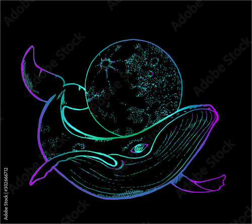 Neon drawing of a whale and a moon. Dotwork style.