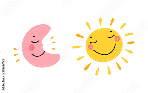 Scandinavian Print or Poster with Cute Smiling Sleeping Moon and Sun Icons Vector illustration for Kids Fashion, Nursery Design, Baby shower Greeting Card