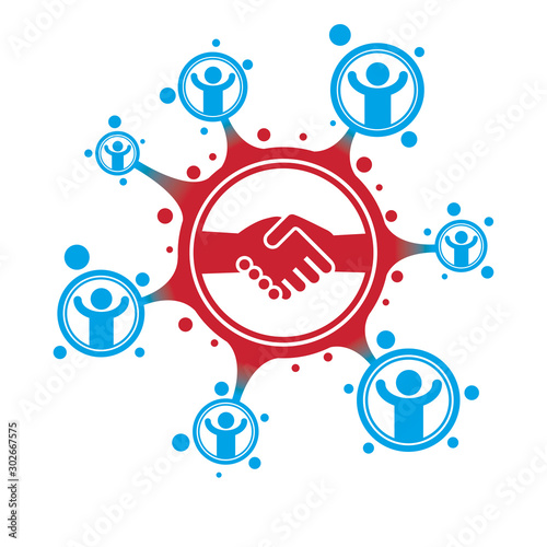 Social Relations conceptual logo, unique vector symbol. Hands contacting and Handshake sign, social deal, social interaction.